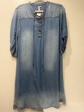 Katherine Barclay Blue Chambray Tencel Shift Dress Half-Sleeve w/Pockets Medium